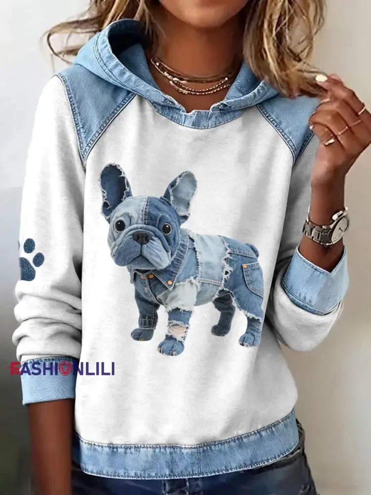 Women’s French Bulldog Pattern Denim Patchwork Art Hoodie White / S