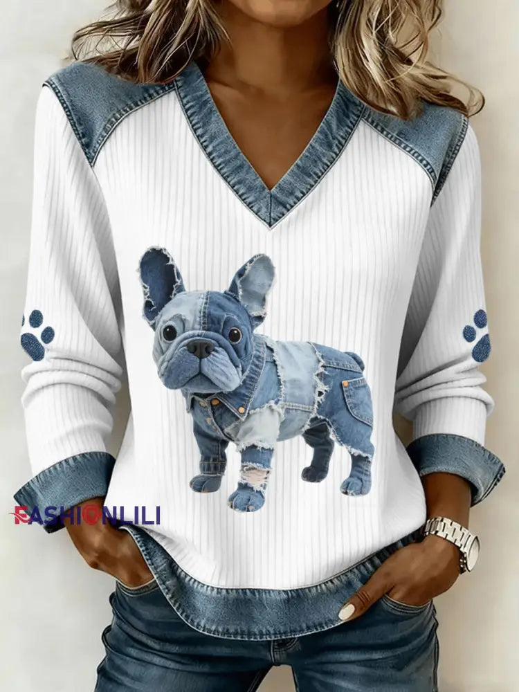 Women’s French Bulldog Pattern Denim Patchwork Art V-Neck Top White / S