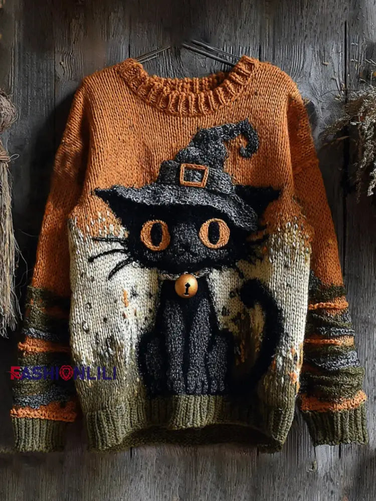 Women’s Halloween Cute Witch Cats Art Crew Neck Sweater As picture / S