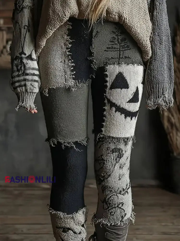 Women’s Halloween Spooky Face Stitched Print leggings Dark Grey / S