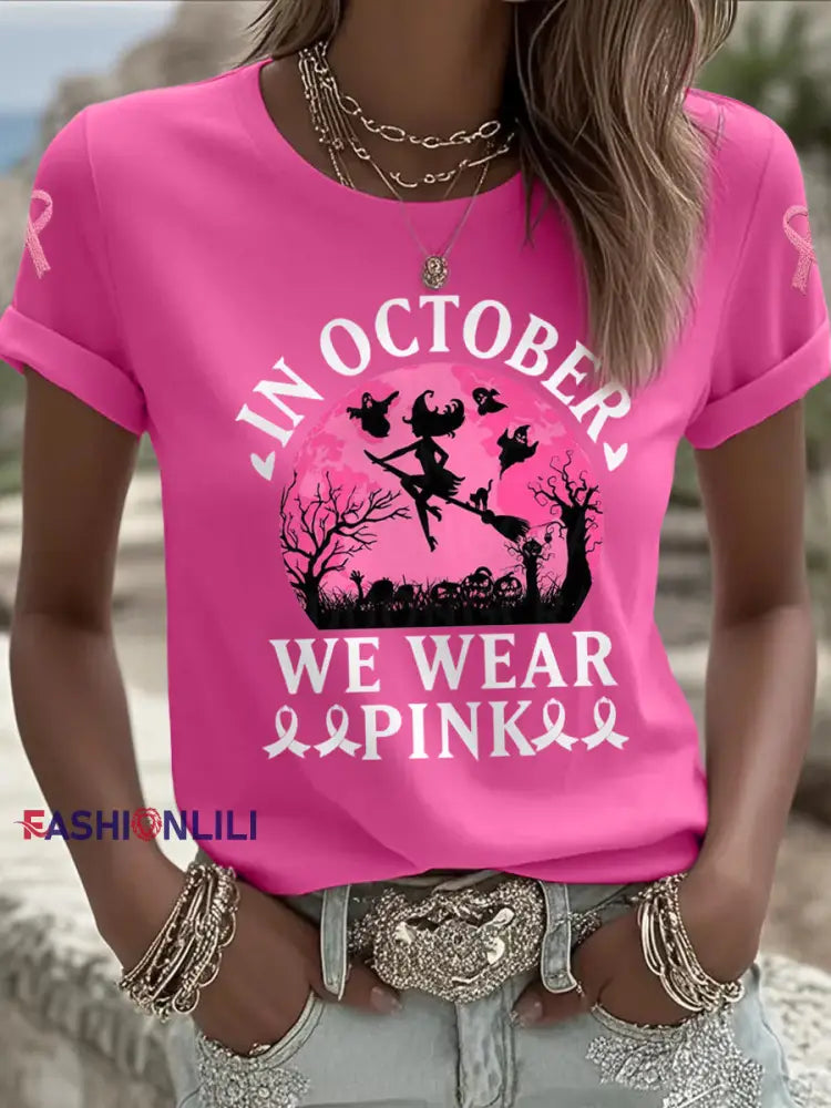 Women’s Halloween Witch In October We Wear Pink Breast Cancer Awareness Tee Rose Red / S