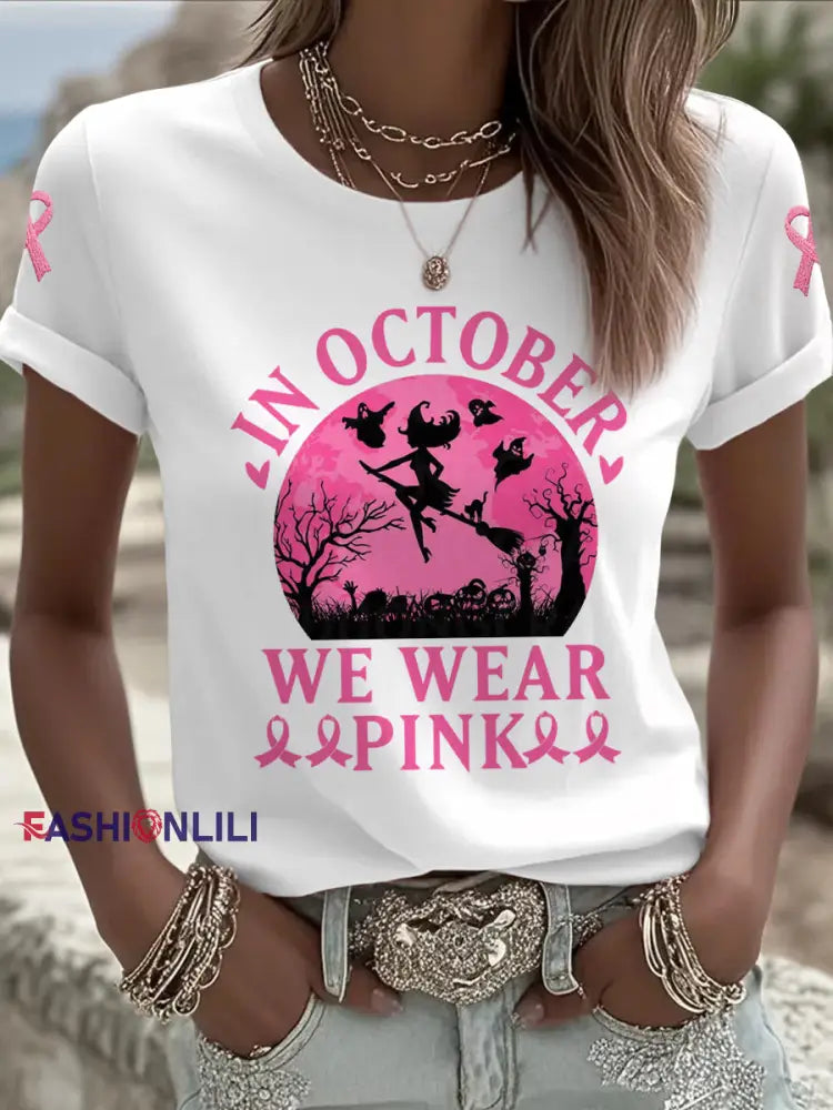 Women’s Halloween Witch In October We Wear Pink Breast Cancer Awareness Tee White / S