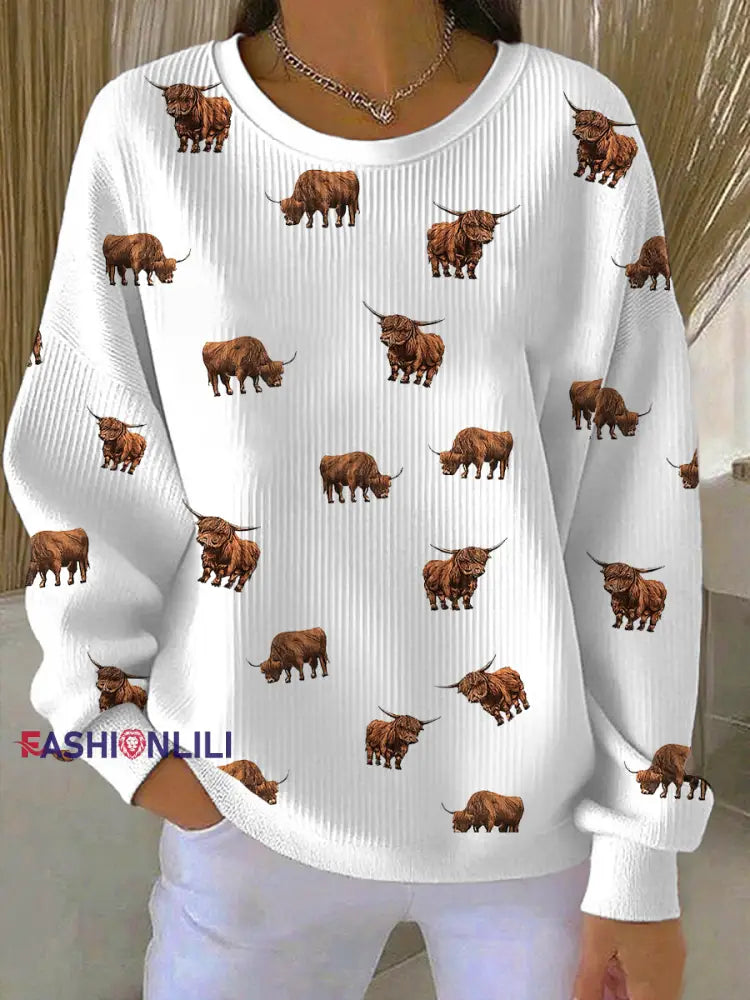 Women’s Highland Cow Ribbed Round-Neck Sweatshirt White / S