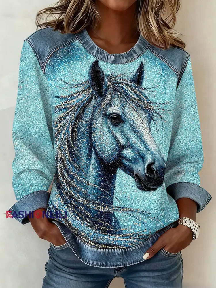 Women’s Horse Print Denim Patchwork Top As picture / S