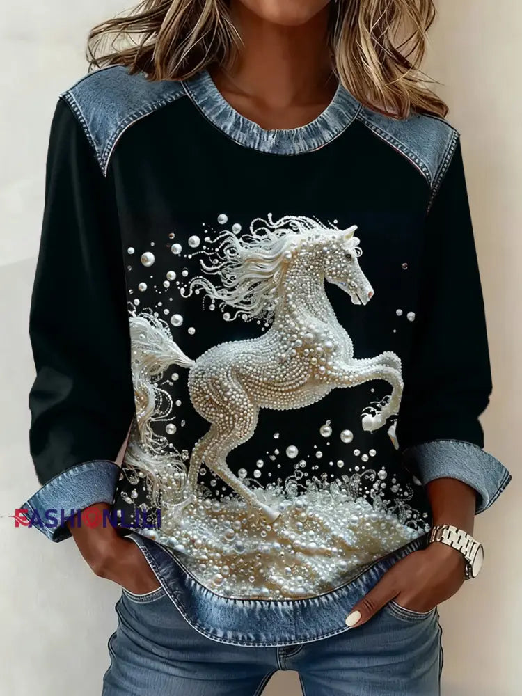 Women’s Horse Print Denim Patchwork Top As picture / S