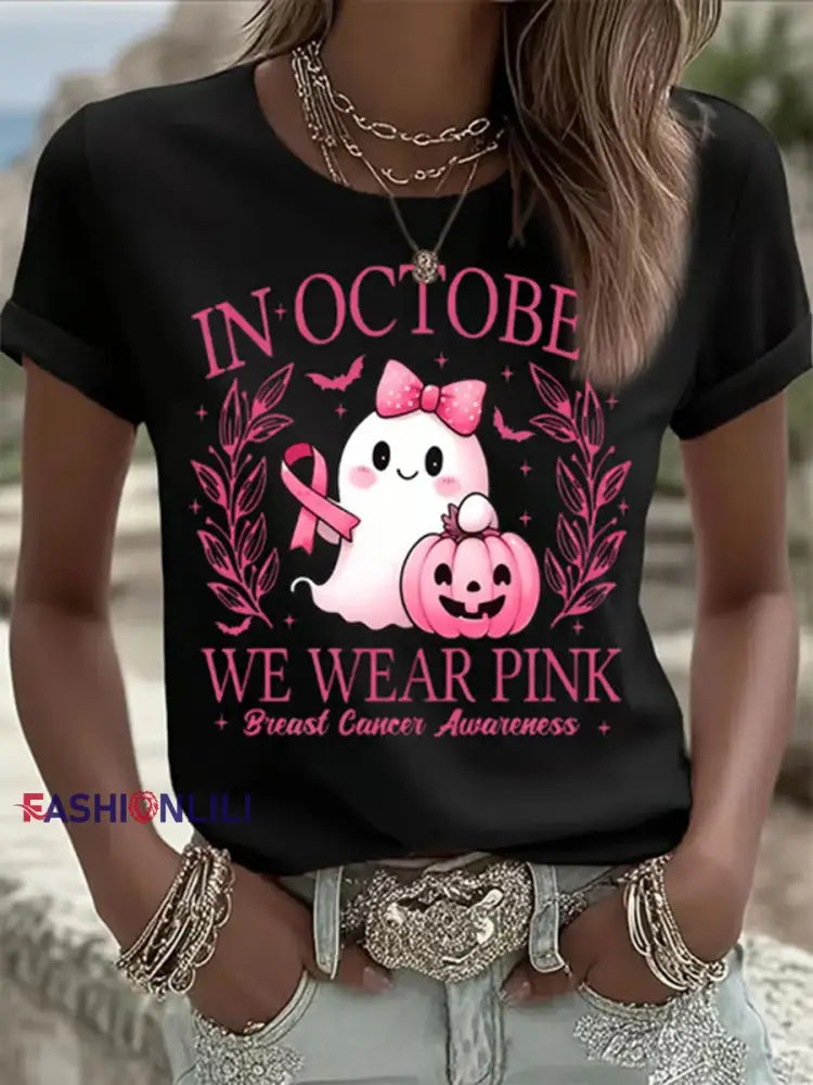 Women’s In October We Wear Pink Ghost Print Casual T shirt Black / S