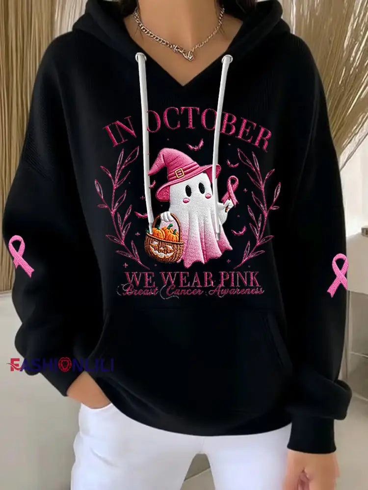 Women’s In October We Wear Pink Halloween Pink Ghost Breast Cancer Awareness Support Hoodie Black / S
