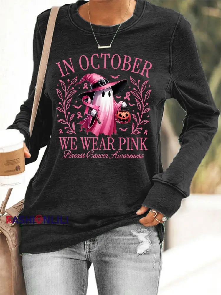 Women’s In October We Wear Pink Halloween Pink Ghost Breast Cancer Awareness Support Sweatshirt Black / S