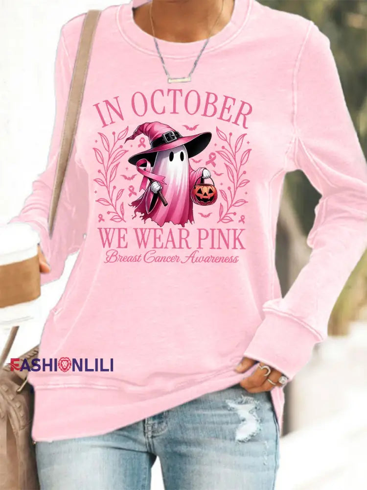 Women’s In October We Wear Pink Halloween Pink Ghost Breast Cancer Awareness Support Sweatshirt Pink / S