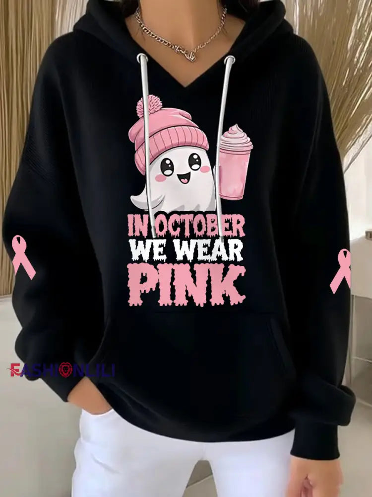 Women’s In October We Wear Pink Halloween Pink Ghost Print Breast Cancer Awareness Hoodie Black / S