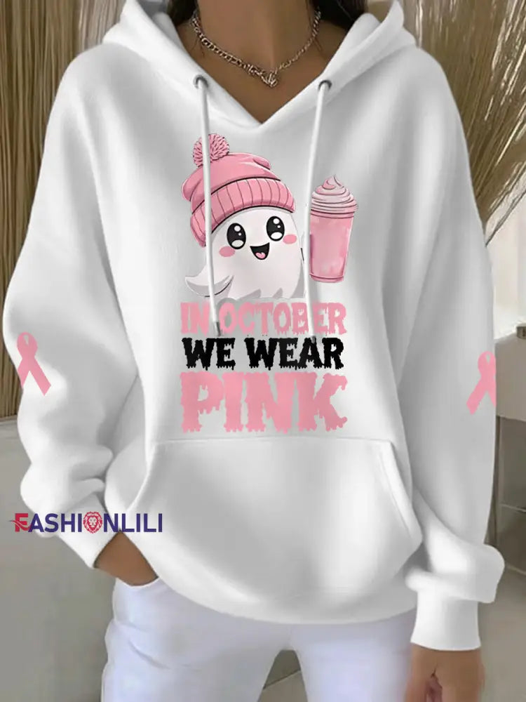 Women’s In October We Wear Pink Halloween Pink Ghost Print Breast Cancer Awareness Hoodie White / S