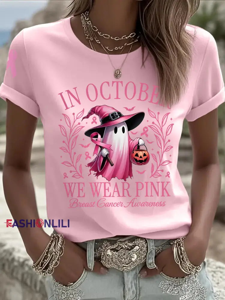 Women’s In October We Wear Pink Halloween Pink Ghost Print Breast Cancer Awareness Support Tee Light Pink / S