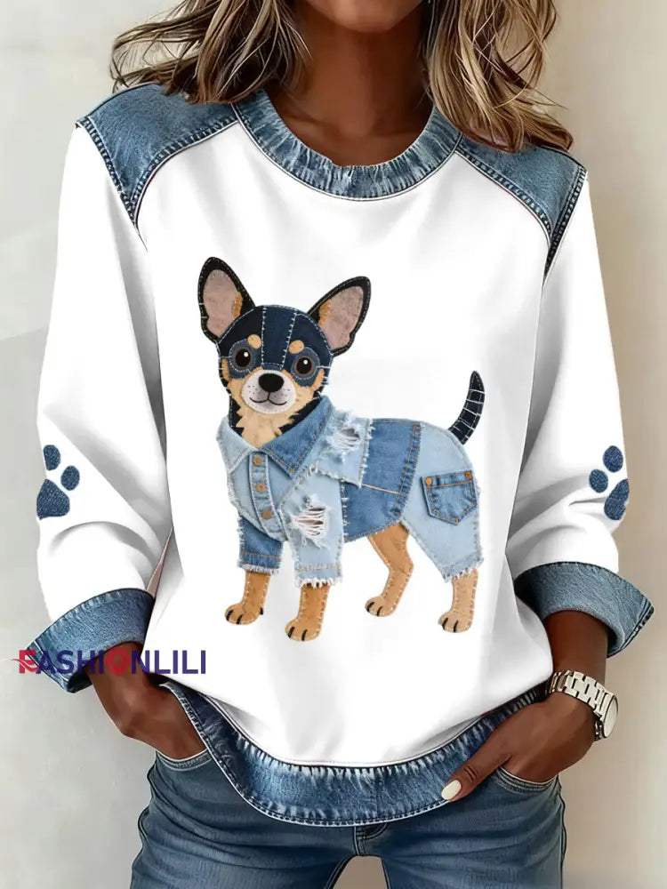 Women’s Lovely Chihuahua Dog Pattern Denim Patchwork Art Sweatshirt White / S