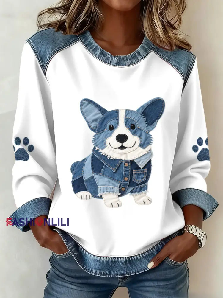 Women’s Lovely Corgi Pattern Denim Patchwork Sweatshirt As picture / S
