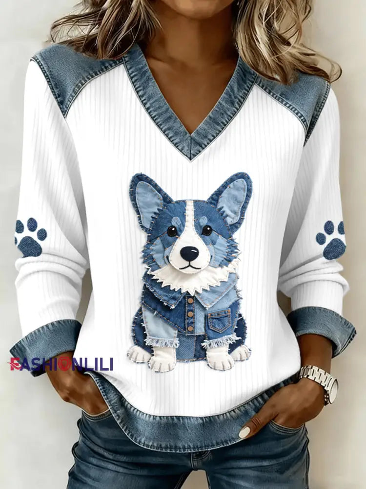 Women’s Lovely Corgi Pattern Denim Patchwork V-Neck Top As picture / S