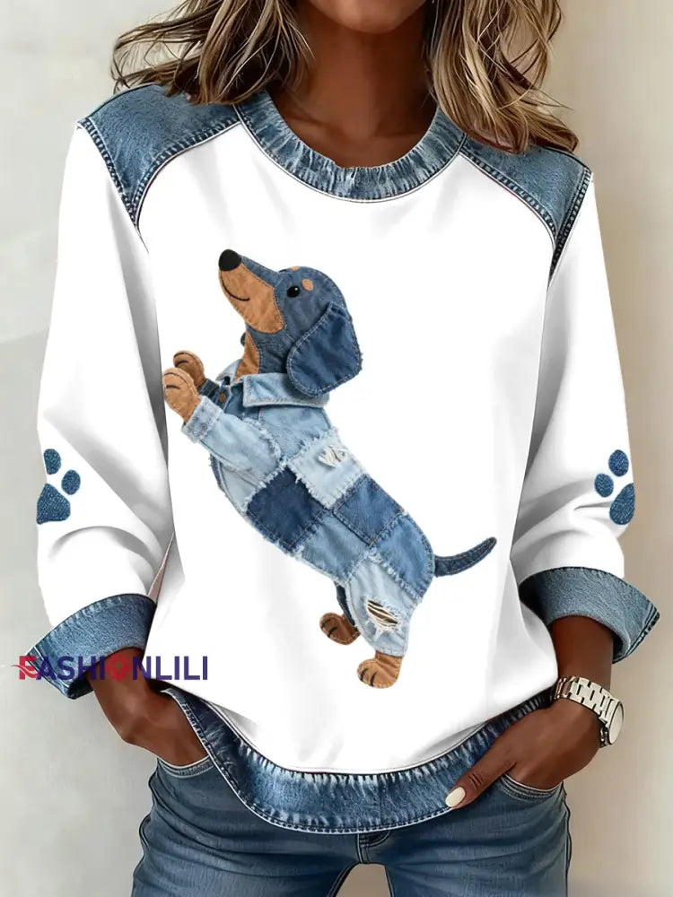 Women’s Lovely Dachshund Dog Pattern Denim Patchwork Sweatshirt As picture / S