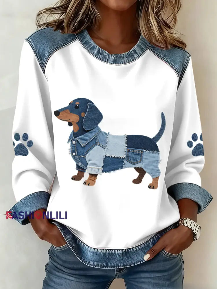 Women’s Lovely Dachshund Dog Pattern Denim Patchwork Sweatshirt White / S