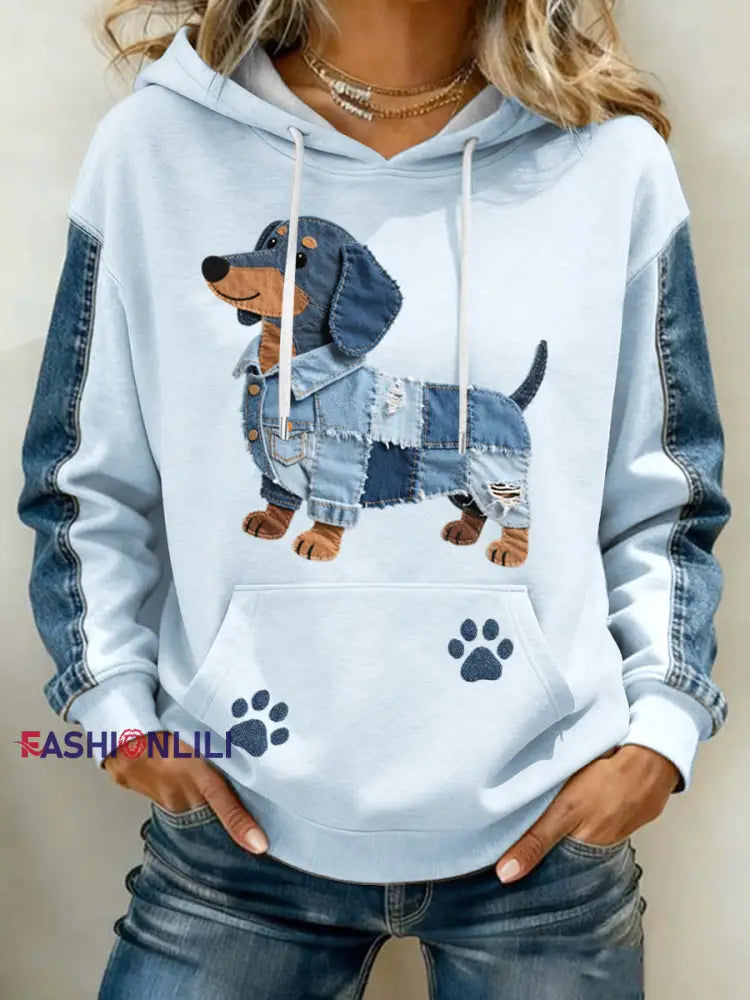 Women’s Lovely Dachshund Pattern Denim Patchwork Art Hoodie Light Blue / S