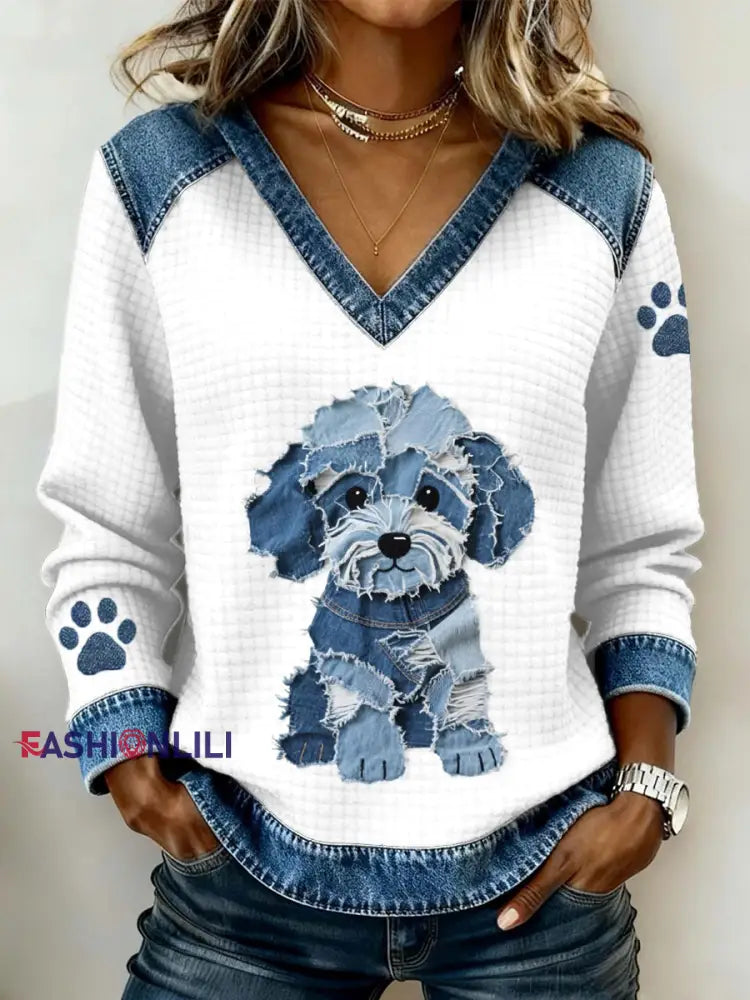 Women’s Lovely Dog Pattern Denim Patchwork V-Neck Top White / S