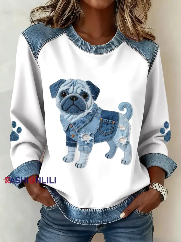 Women’s Lovely Pug Dog Pattern Denim Patchwork Art Sweatshirt White / S