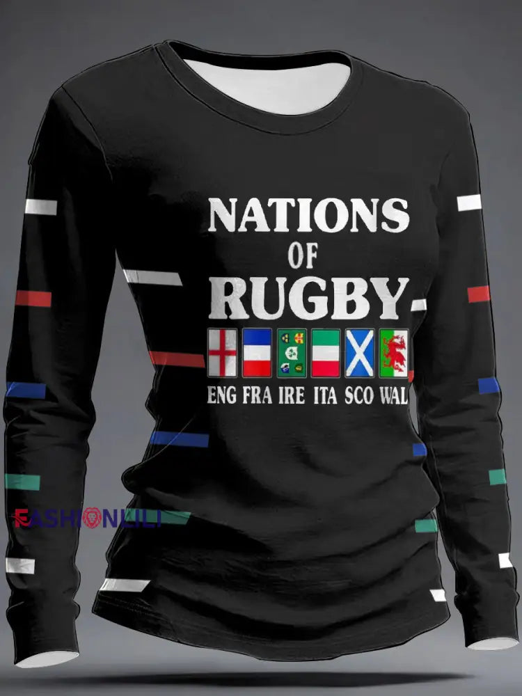 Women’s Nations of Rugby Lover Printed Tops Black / S