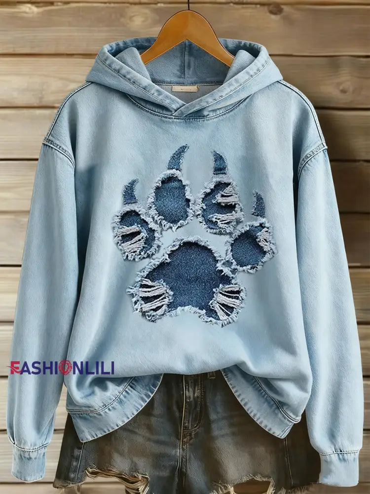 Women’s Paw Print Long Sleeved Hooded Sweatshirt Blue / S