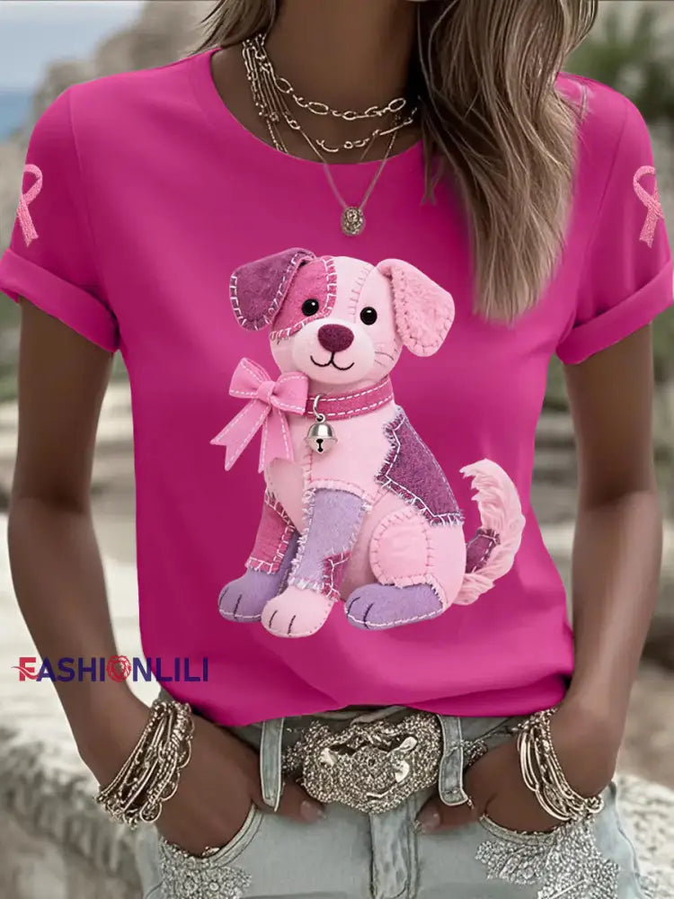 Women’s Pink Dog Pink Ribbon Breast Cancer Awareness Support Tee Rose Red / S