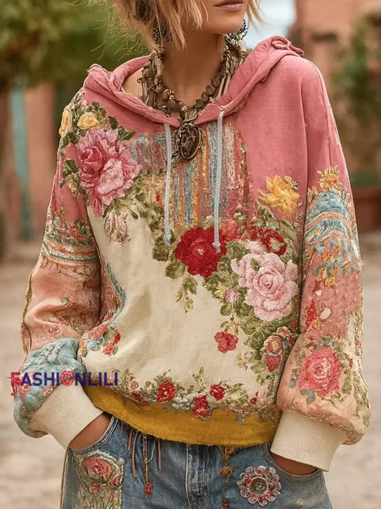 Women’s Pink Floral Print Casual Hoodie As picture / S