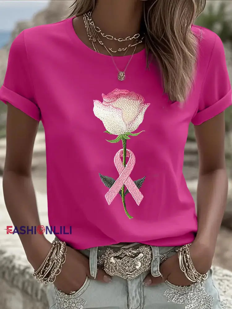 Women’s Pink Floral Print Casual T shirt Rose Red / S