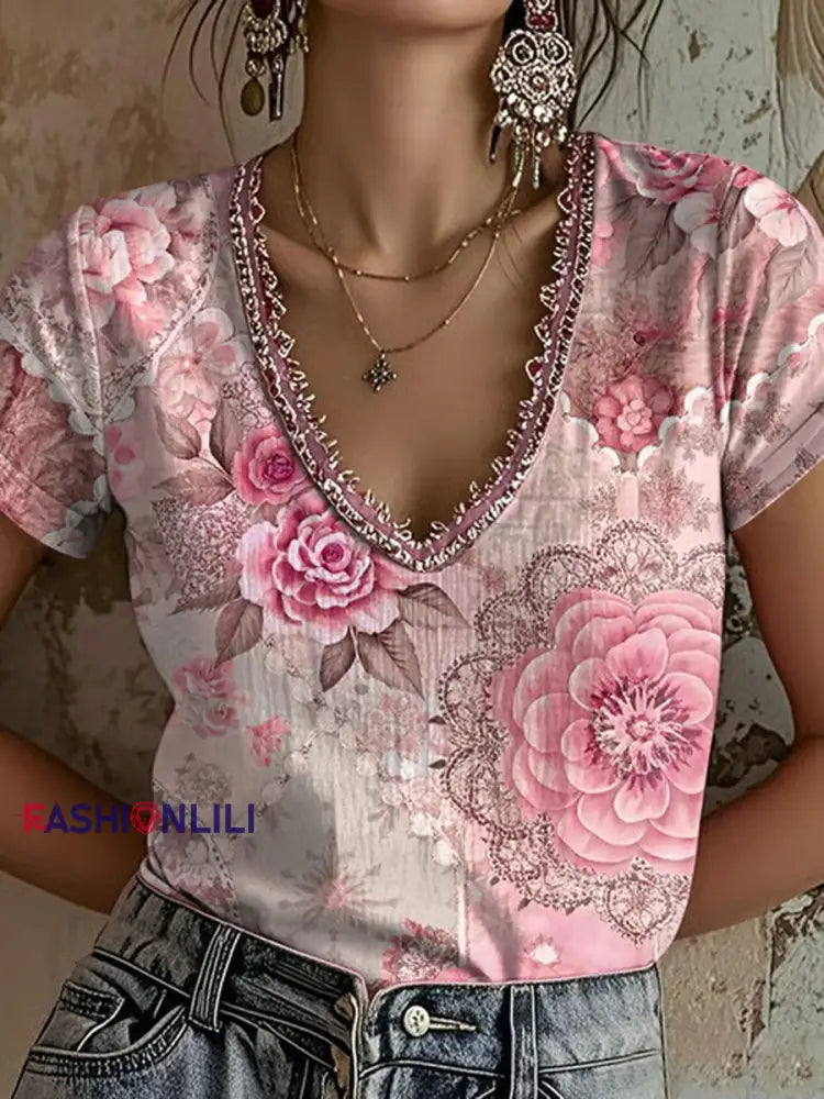 Women’s Pink Floral Print Casual T Shirt Pink / S