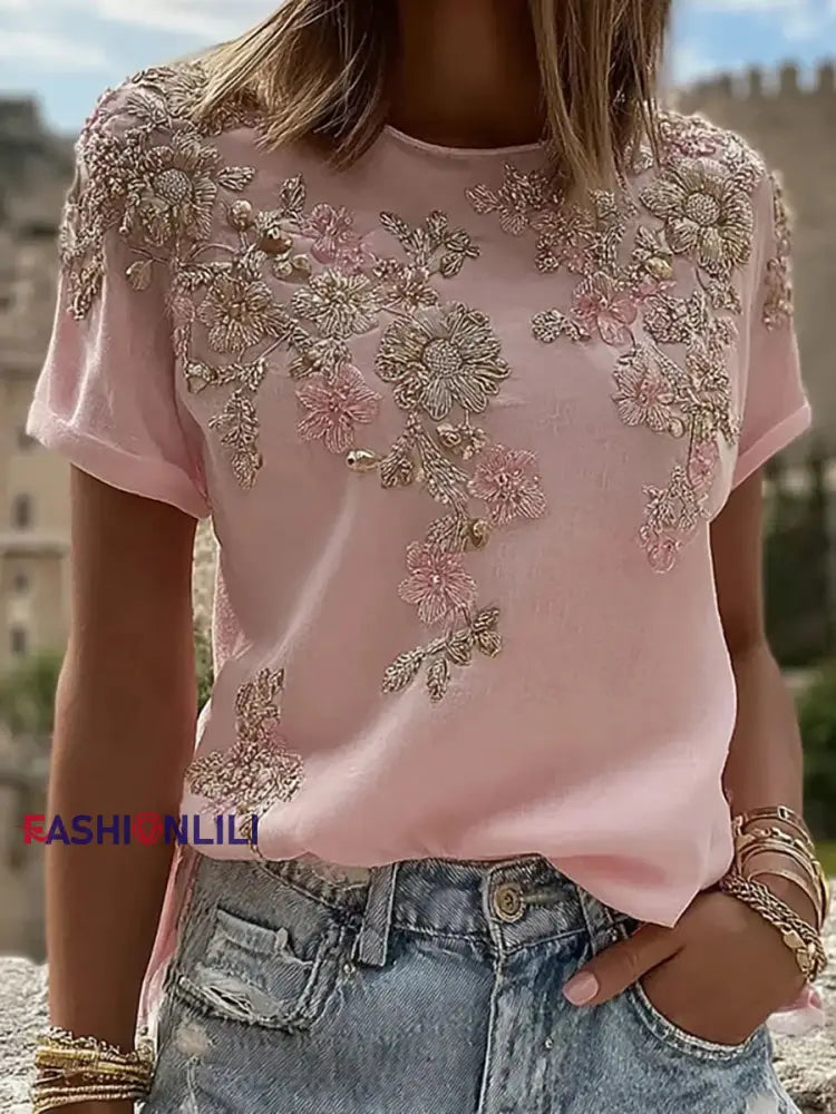 Women’s Pink Floral Print Casual T shirt Pink / S