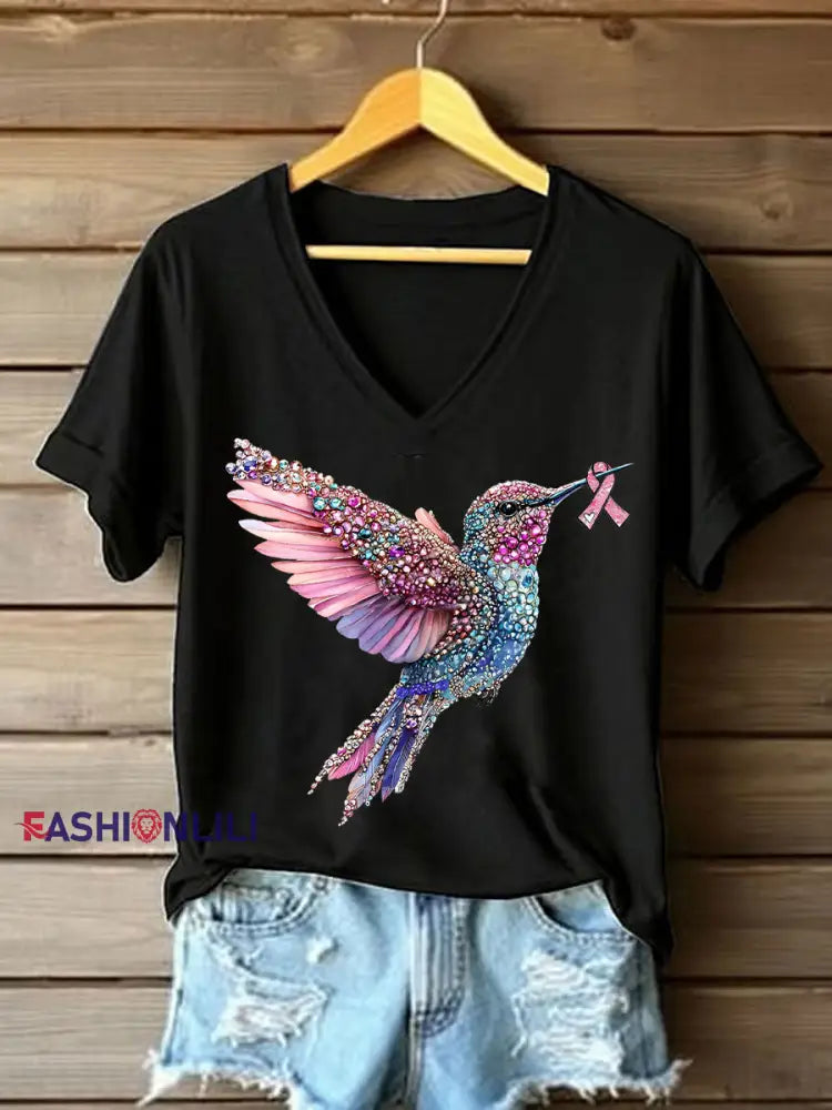 Women’s Pink Hummingbird Print Casual T shirt Black / S
