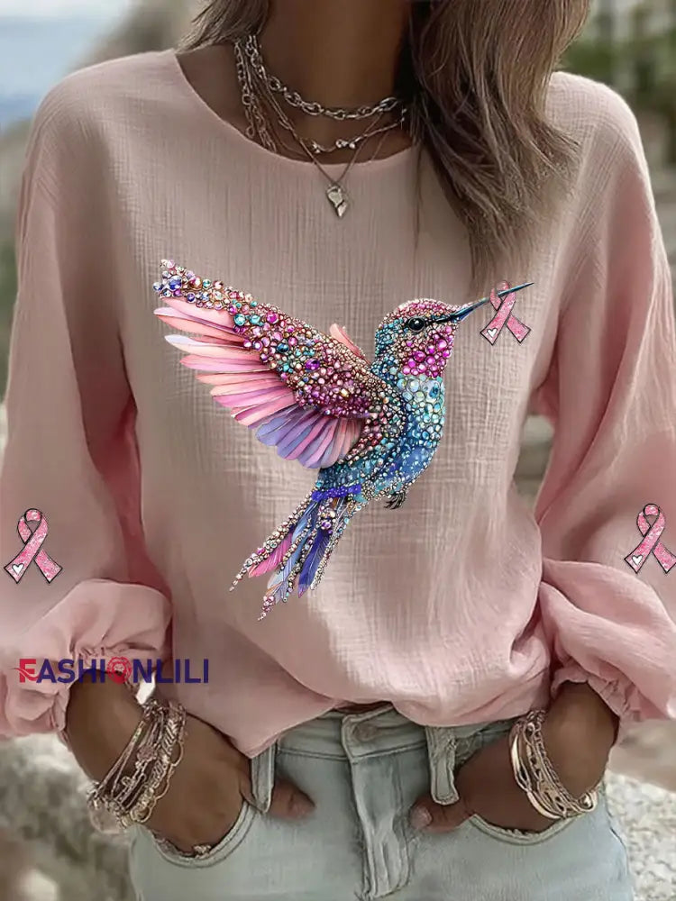 Women’s Pink Hummingbird Print Casual T shirt Light Pink / S