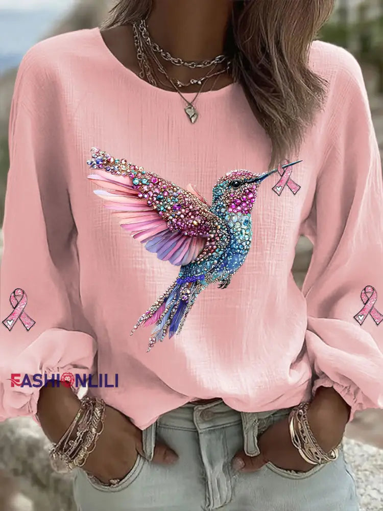 Women’s Pink Hummingbird Print Casual T shirt Pink / S