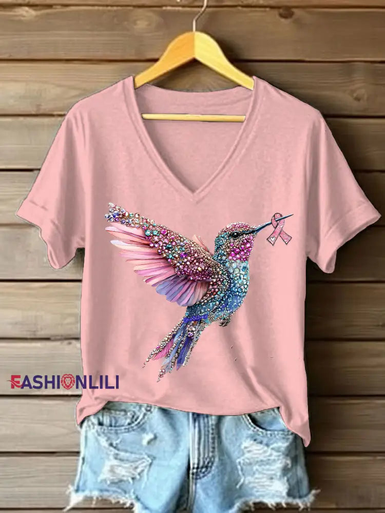 Women’s Pink Hummingbird Print Casual T shirt Pink / S