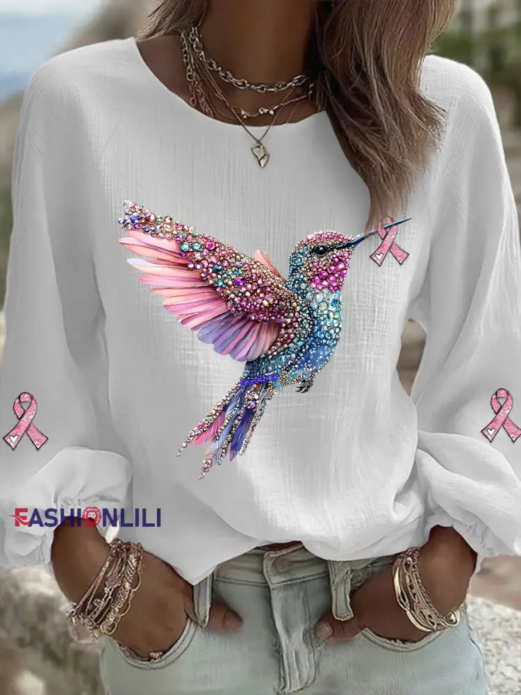 Women’s Pink Hummingbird Print Casual T shirt White / S
