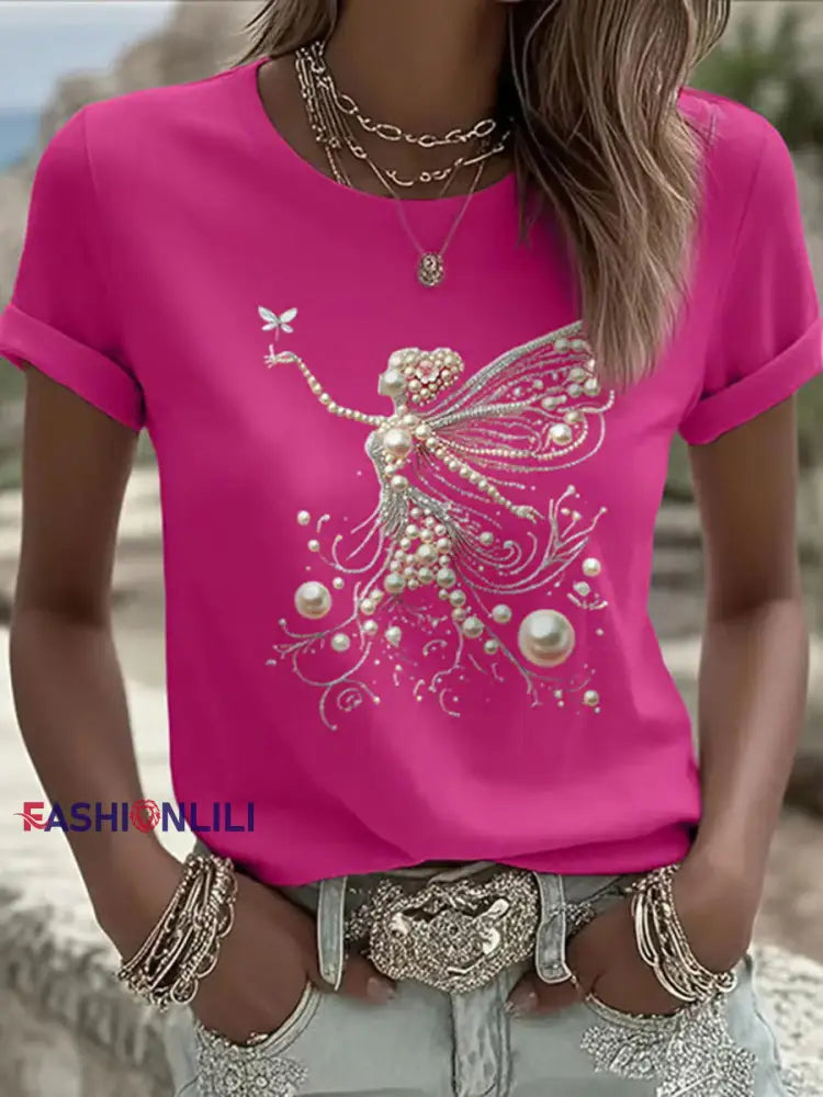 Women’s Pink Pearl Print Casual T shirt Rose Red / S