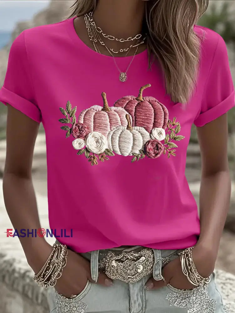 Women’s Pink Pumpkin Print Casual T shirt Rose Red / S