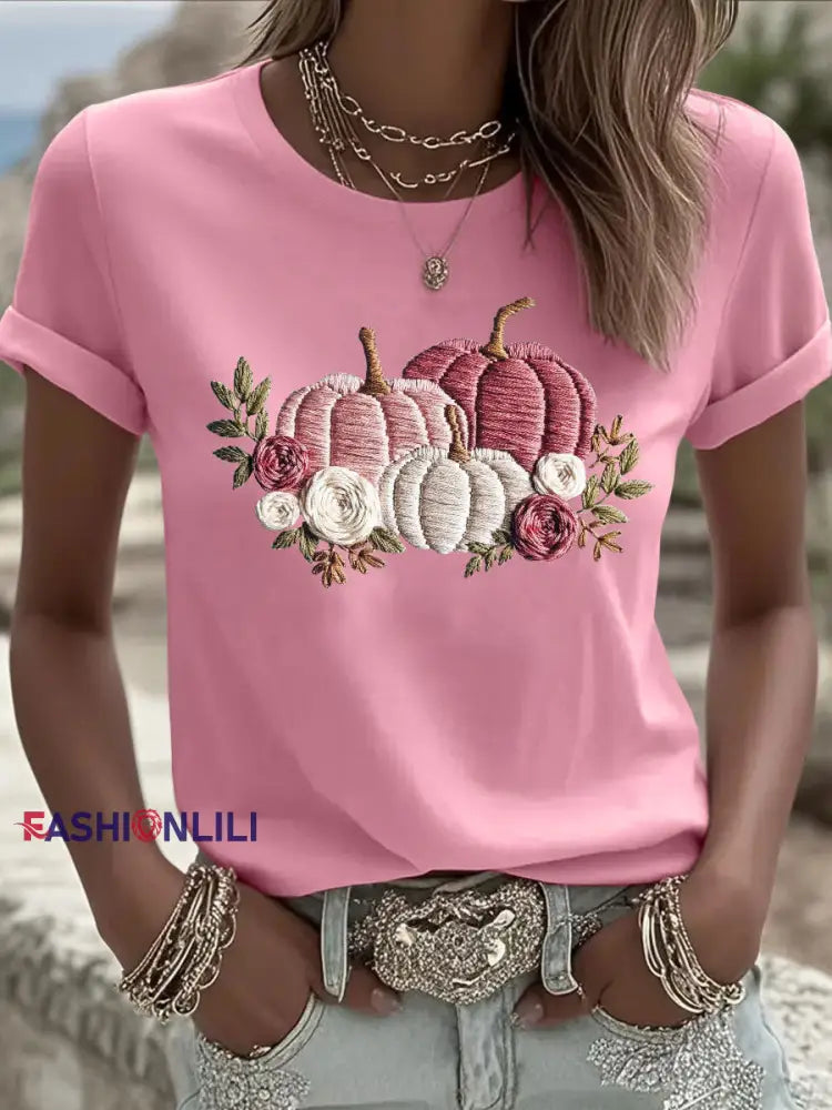 Women’s Pink Pumpkin Print Casual T shirt Pink / S
