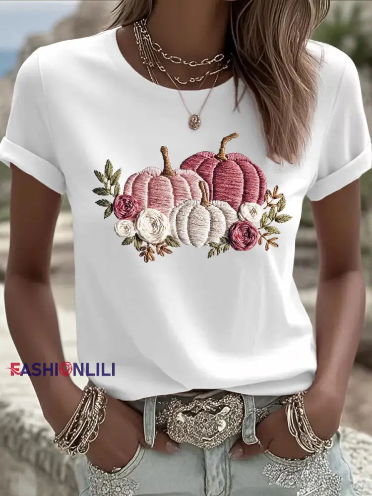 Women’s Pink Pumpkin Print Casual T shirt White / S