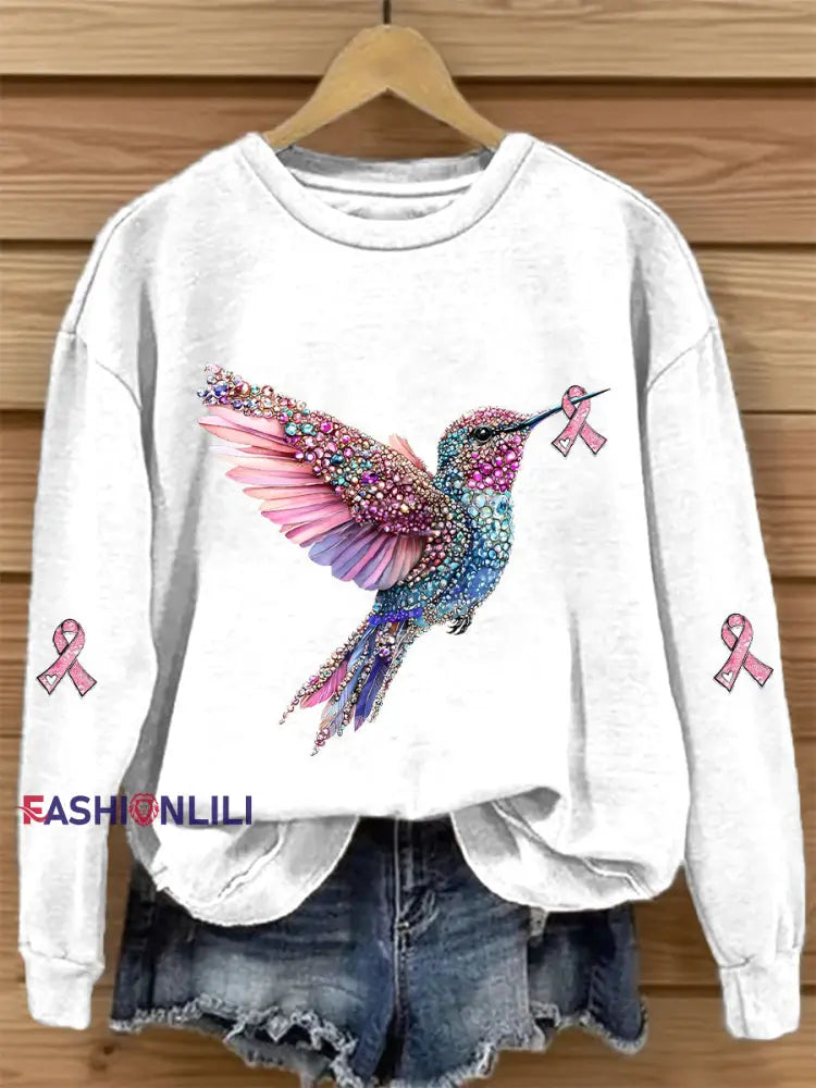 Women’s Pink Ribbon Print Casual Sweatshirt White / S