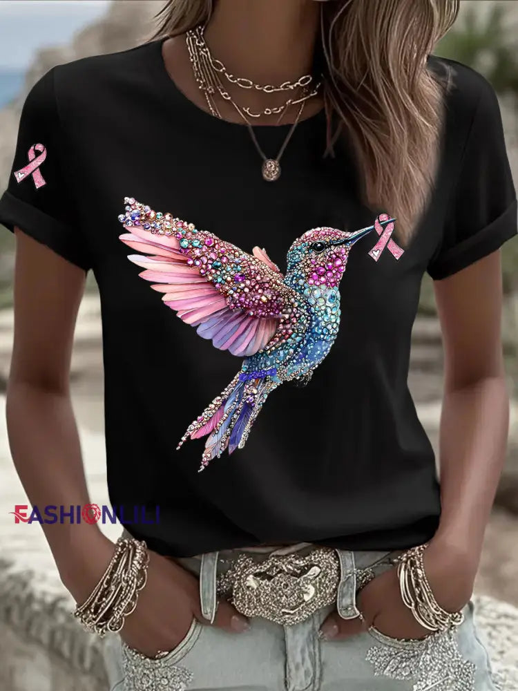Women’s Pink Ribbon Print Casual T shirt Black / S