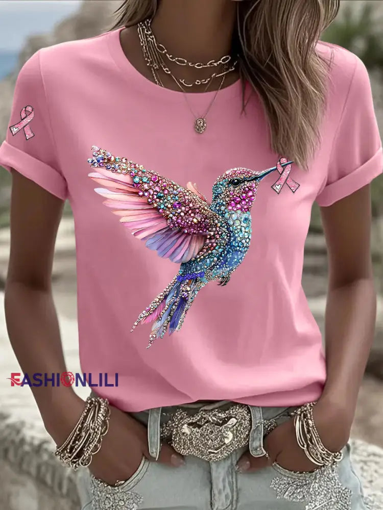 Women’s Pink Ribbon Print Casual T shirt Pink / S