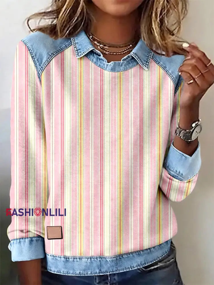 Women’s Pink Striped Pattern Patchwork Art Sweatshirt As picture / S