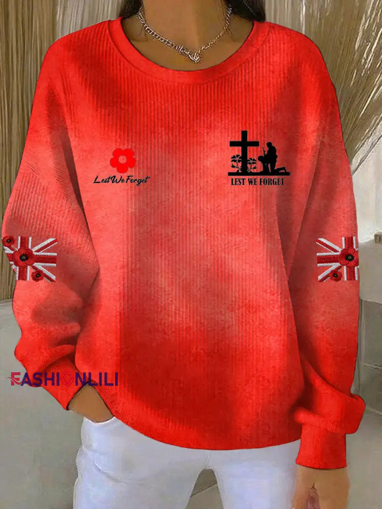 Women’s poppy flower Lest We Forget Print Ribbed Round-Neck Sweatshirt S