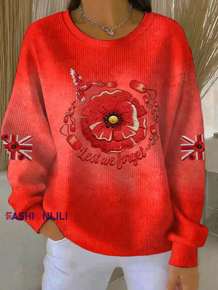 Women’s poppy flower Lest We Forget Print Ribbed Round-Neck Sweatshirt S