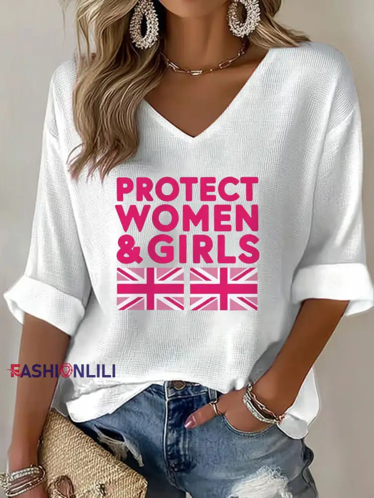 Women’s Protect Women Girls Print Waffle T shirt White / S