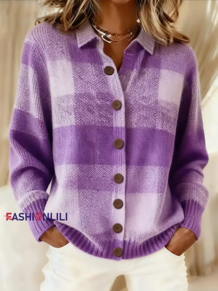 Women’s Purple Art Knit Lapel Button Knit Cardigan Purple / S