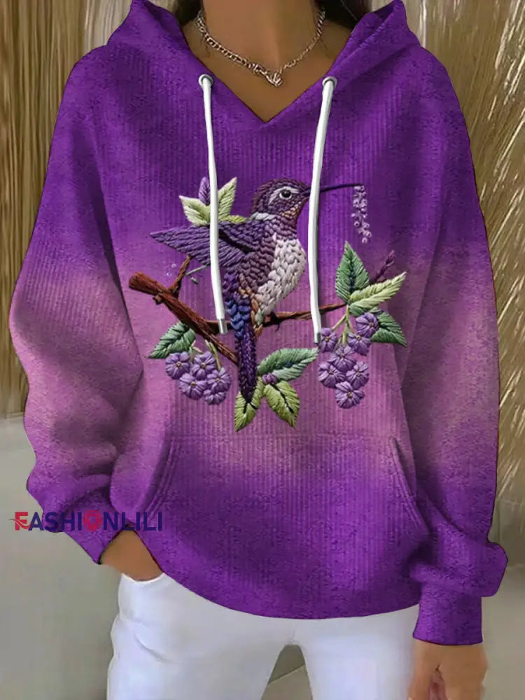 Women’s Purple Gradient Hummingbird Floral Print Hoodie Purple / S