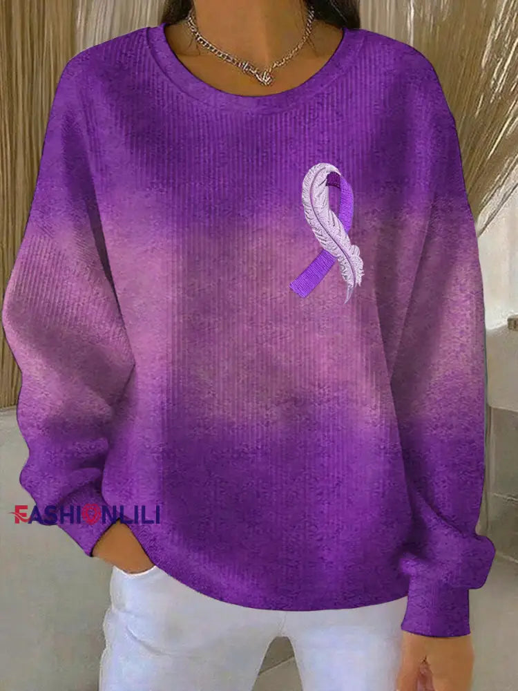 Women’s Purple Gradient ribbon Print Ribbed Round-Neck Sweatshirt Purple / S